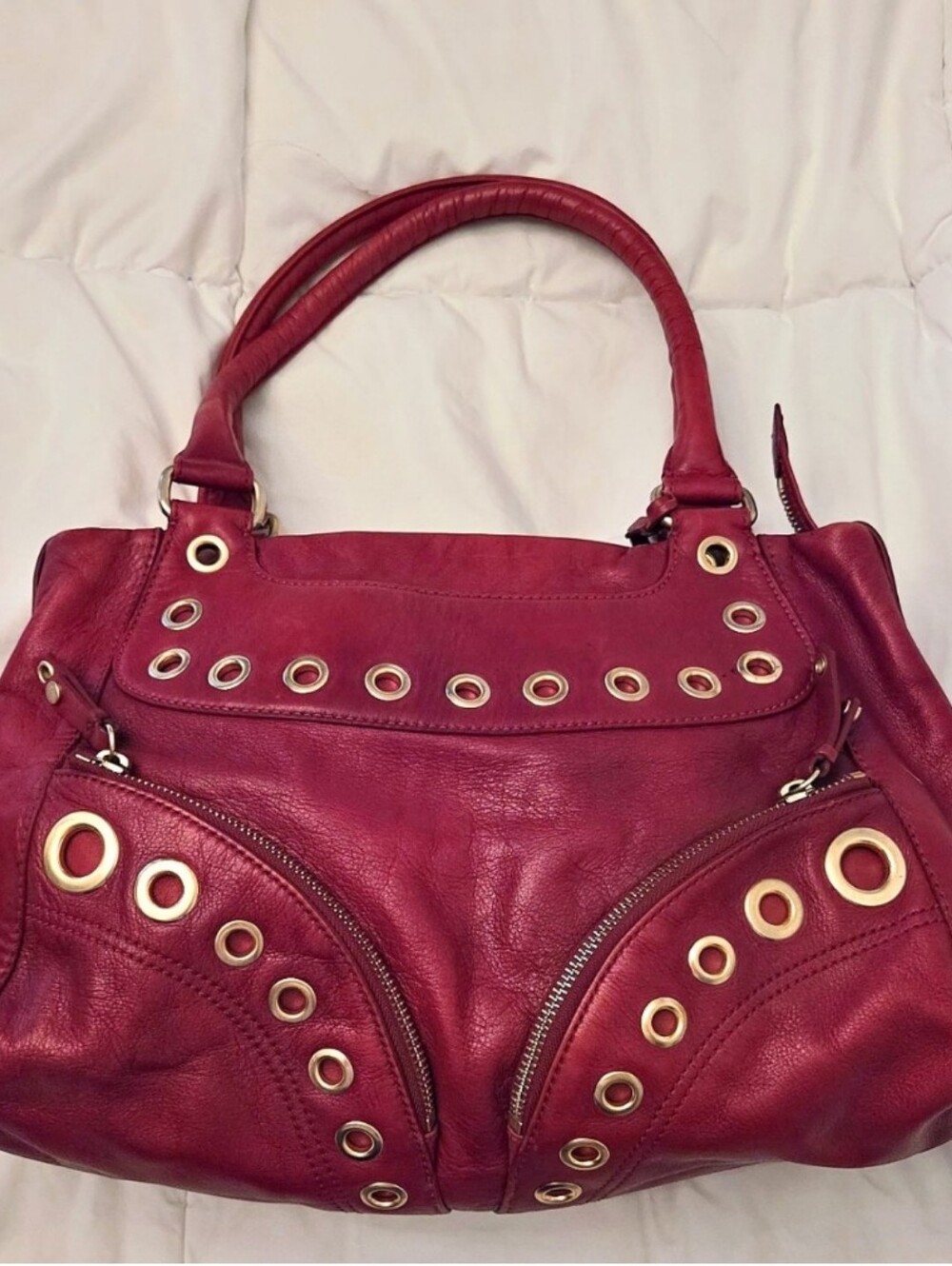 Cole Haan Lacquer Red Whitney Satchel Leather Grommet Shoulder Bag